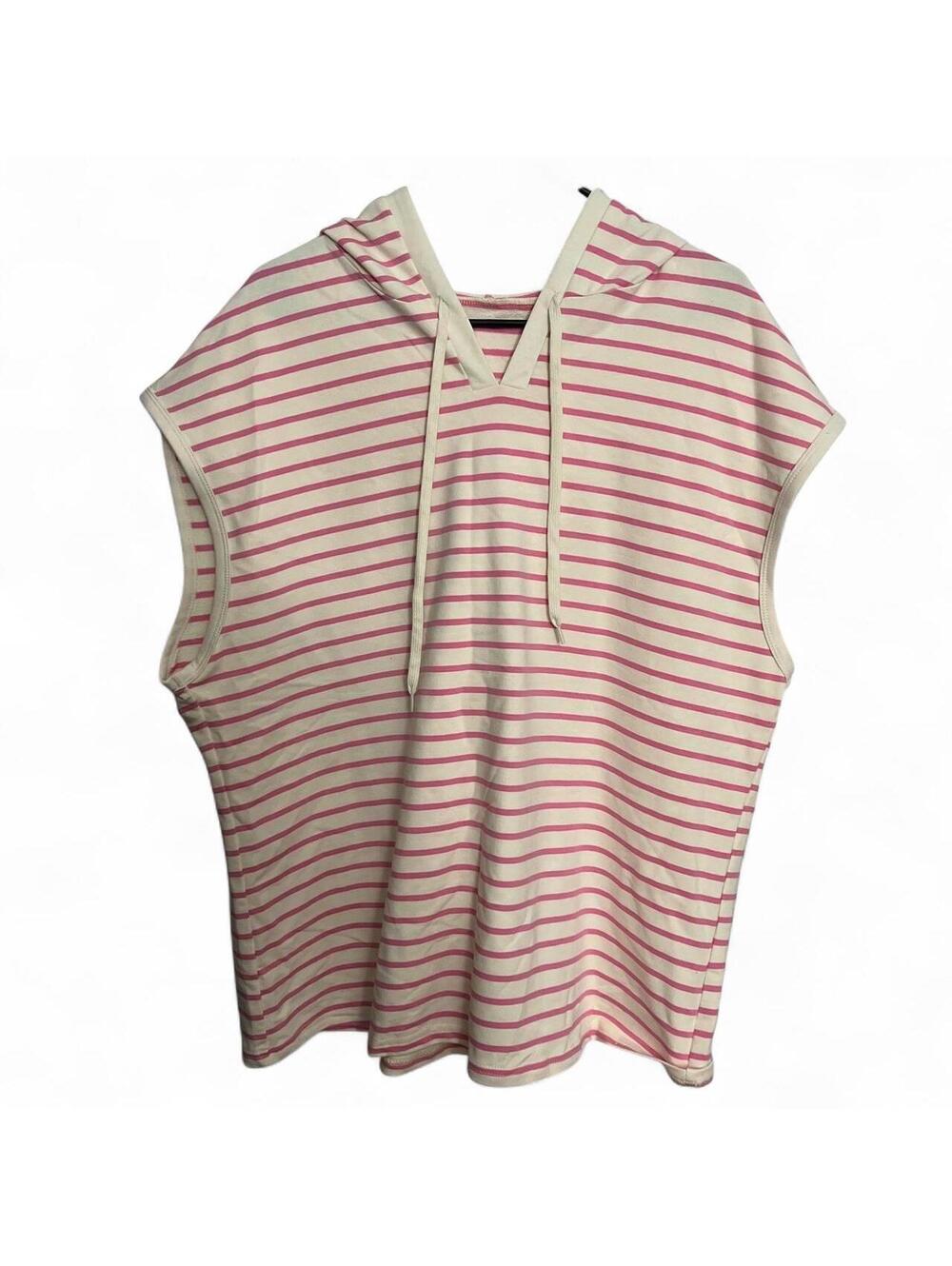 Pink Beige Striped Oversized Sleeveless Hoodie